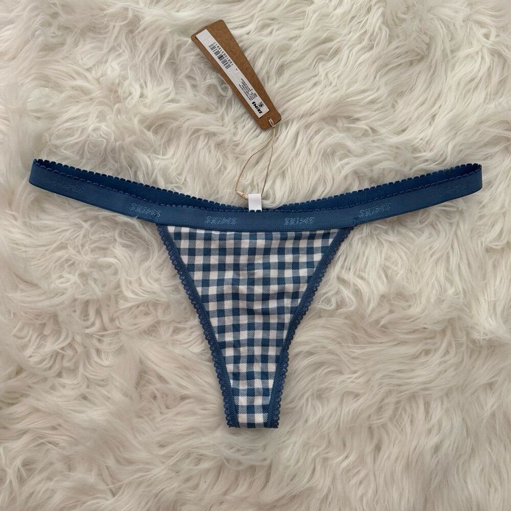 Skims Lightweight Cotton Logo Picot Thong Arctic Gingham Size Small